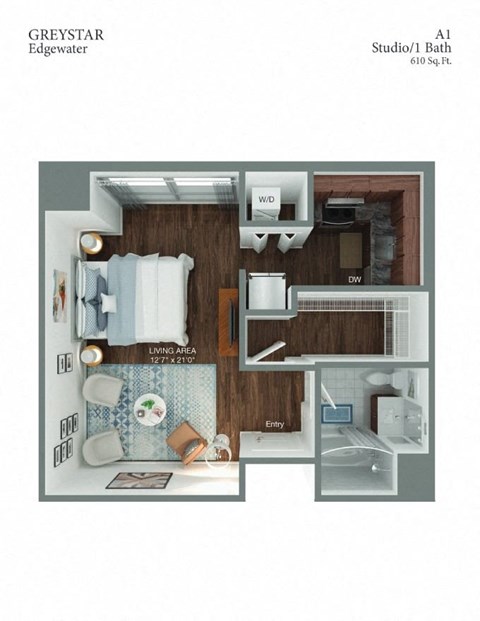 Floor plan for studio, 1 bath, 610 sqft
